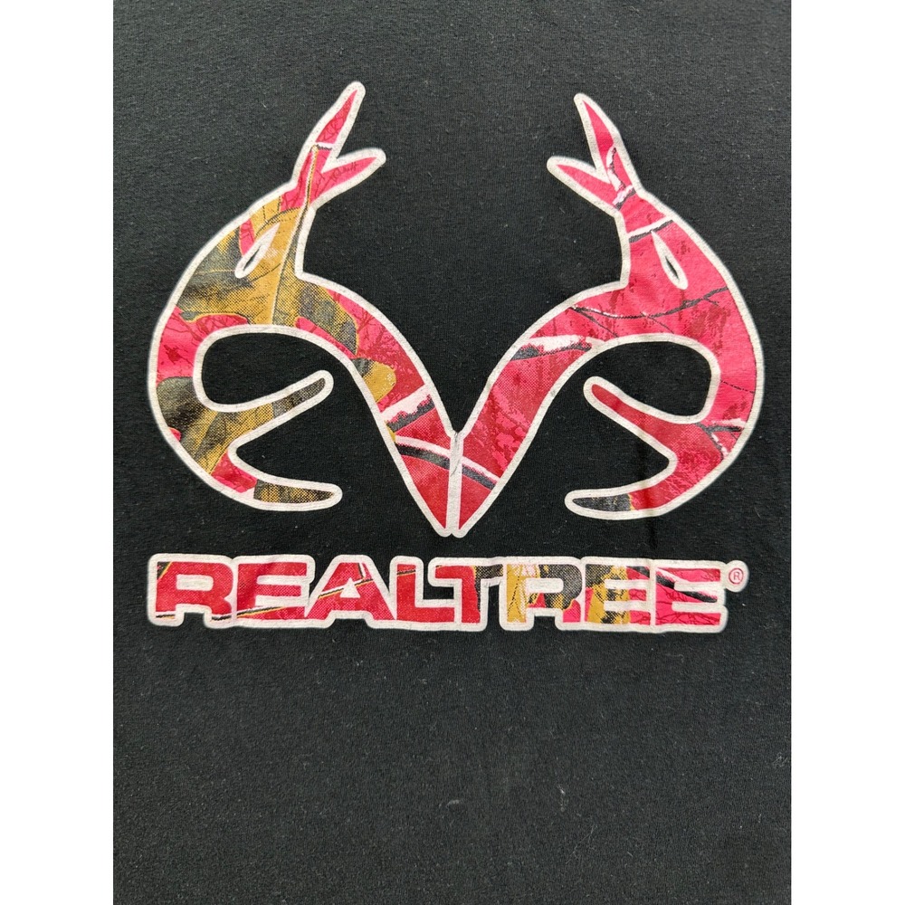 Realtree Women's XL Black Graphic T-Shirt Pink Camo Antler Logo Short Sleeve Tee